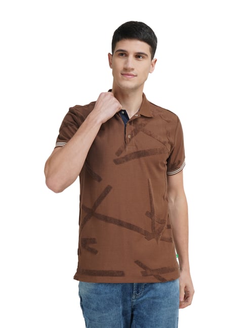 United Colors of Benetton Brown Cotton Regular Fit Self Pattern Polo T-Shirt