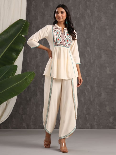 Juniper Beige Embroidered Tunic Dhoti Set Price in India