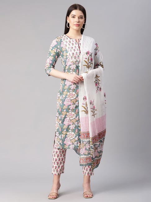 Sringam Multicolor Printed Kurta With Pant & Dupatta Price in India