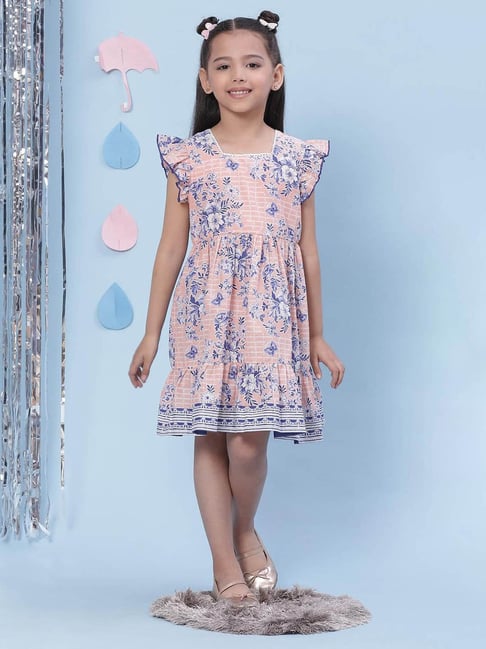 BIBA Girls Peach & Blue Printed Dress