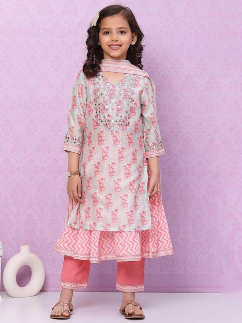 BIBA Girls Powder Blue & Pink Embroidered Kurta, Inner, Pants with Dupatta