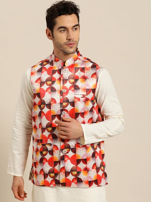 SOJANYA White & Orange Comfort Fit Printed Nehru Jacket-picture-47