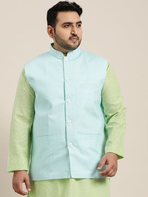 SOJANYA Turquoise Cotton Linen Comfort Fit Nehru Jacket-picture-12