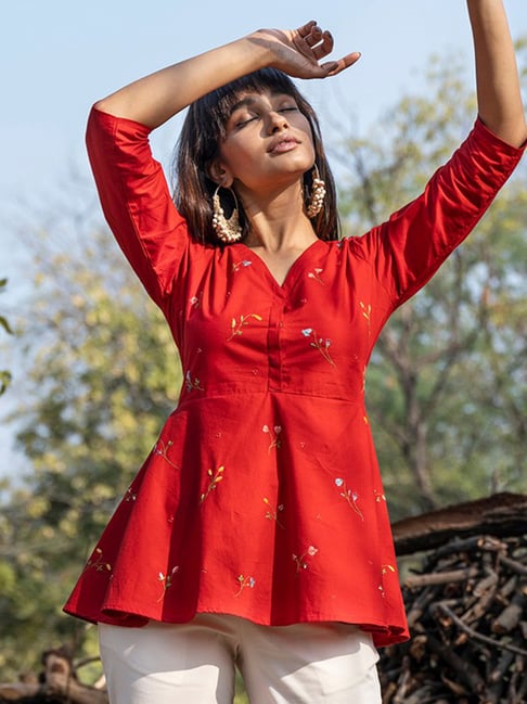 Buy Okhai Red Hand Embroidered Peplum Top for Women's Online
