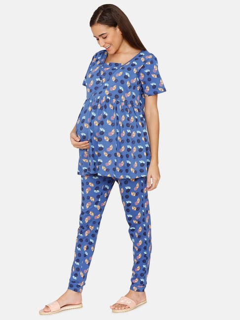 Zivame Blue Printed Maternity Shirt With Pyjamas