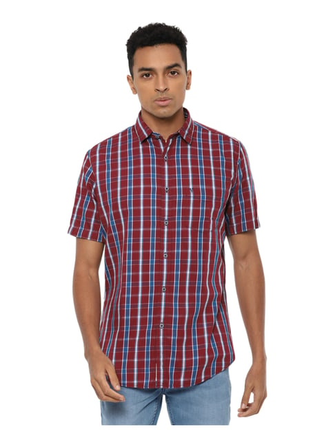 Van Heusen Maroon & Blue Cotton Slim Fit Checks Shirt