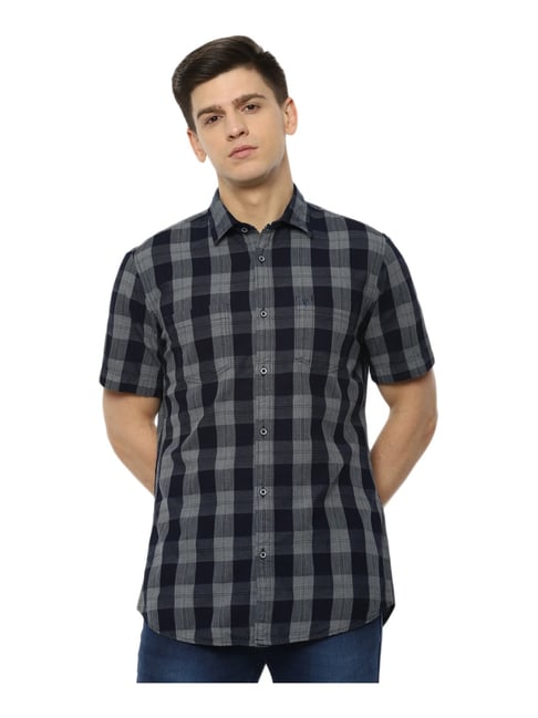 Van Heusen Navy Cotton Slim Fit Checks Shirt