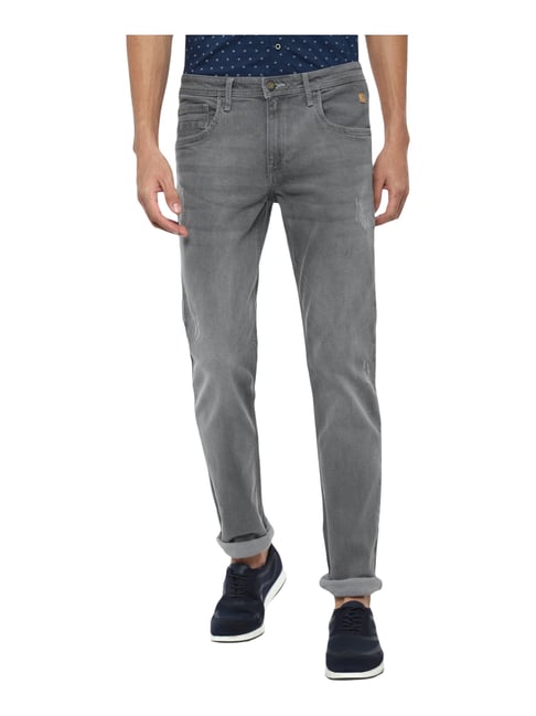 Van Heusen Grey Cotton Slim Fit Distressed Jeans