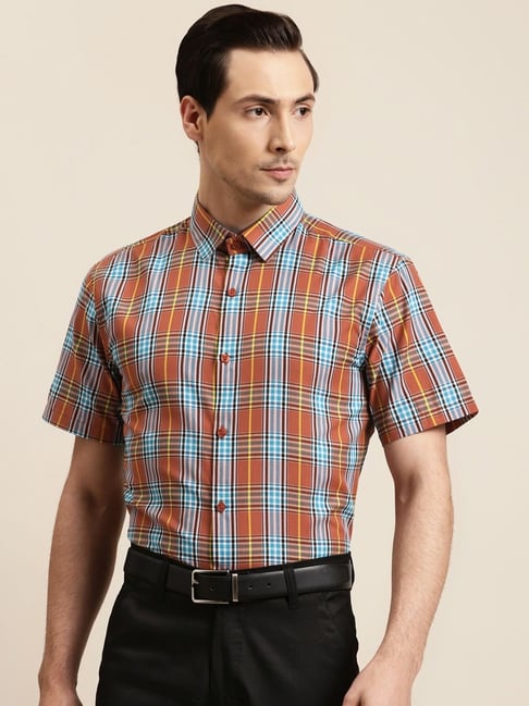 Sojanya Brown Cotton Regular Fit Checks Shirt-picture-42
