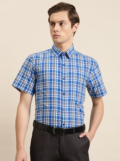 Sojanya Blue Cotton Regular Fit Checks Shirt-picture-46