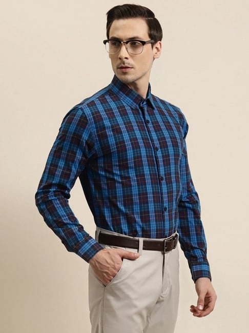 Sojanya Blue Cotton Regular Fit Checks Shirt-picture-34