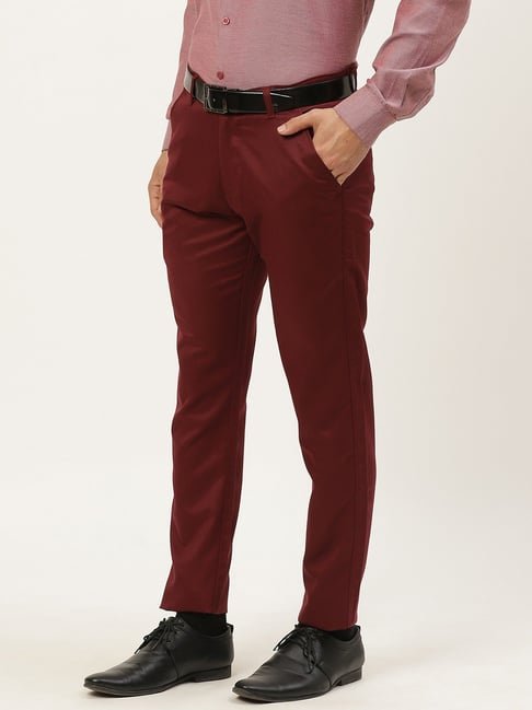 Sojanya (Since 1958) Men's Cotton Blend Burgundy Solid Formal Trousers