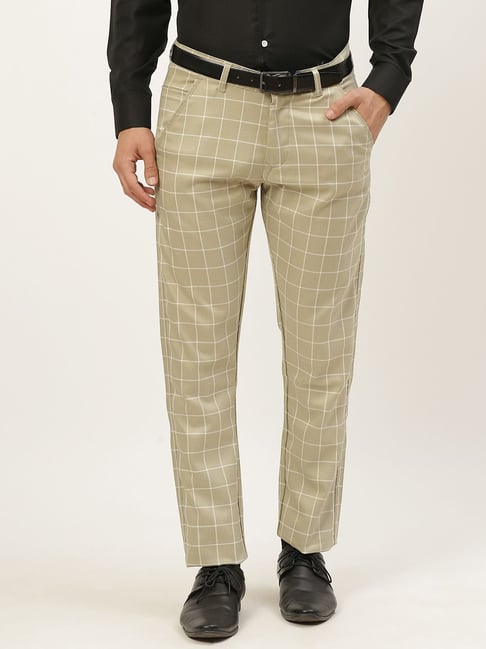 Buy SOJANYA Olive Cotton Regular Slim Fit Checks Flat Front Trousers for  Mens Online  Tata CLiQ