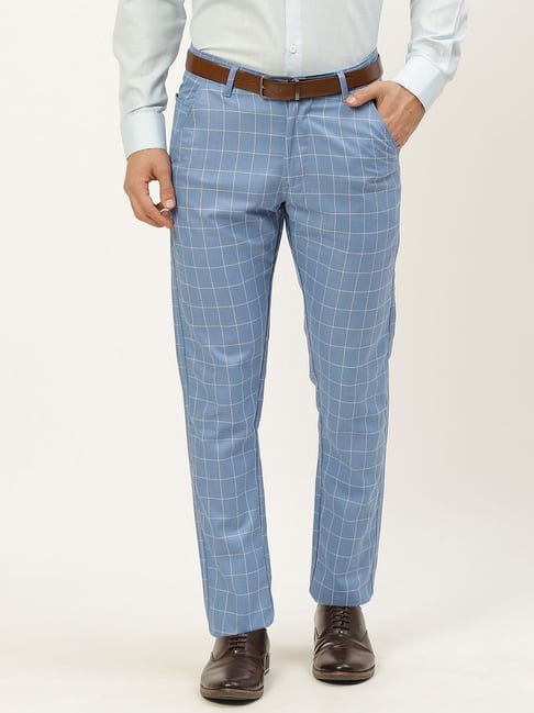Sojanya Since 1958 Mens Cotton Blend PistaGreen  Blue Checked Formal  Trousers