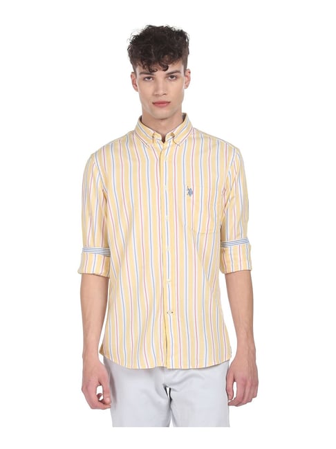 U S Polo Assn U.S. Polo Assn. Yellow Cotton Regular Fit Striped Shirt