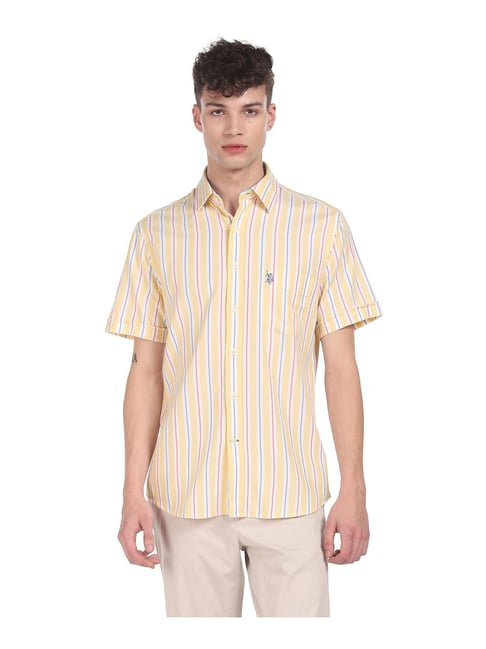 U S Polo Assn U.S. Polo Assn. Yellow Cotton Regular Fit Striped Shirt