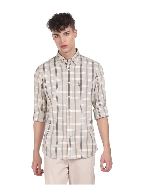 U S Polo Assn U.S. Polo Assn. Beige Cotton Regular Fit Checks Shirt