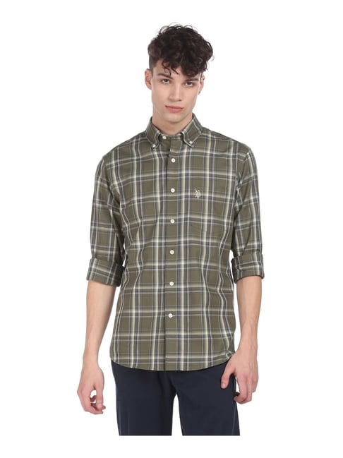 U S Polo Assn U.S. Polo Assn. Green Cotton Regular Fit Checks Shirt