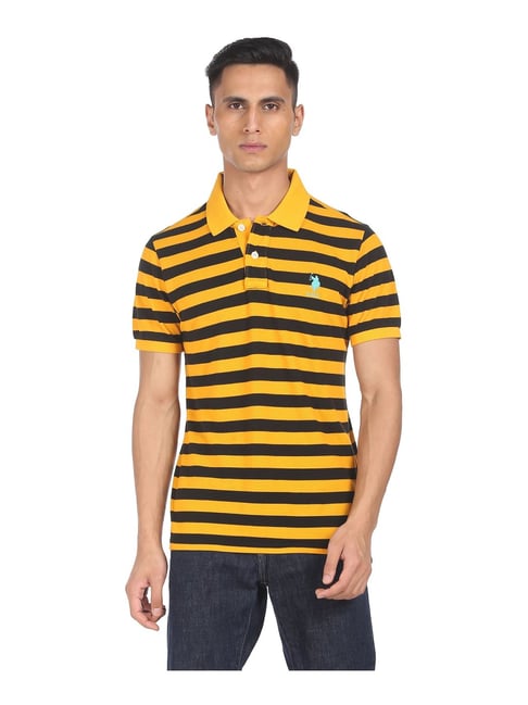 U S Polo Assn U.S. Polo Assn. Yellow & Black Cotton Regular Fit Striped Polo T-Shirt