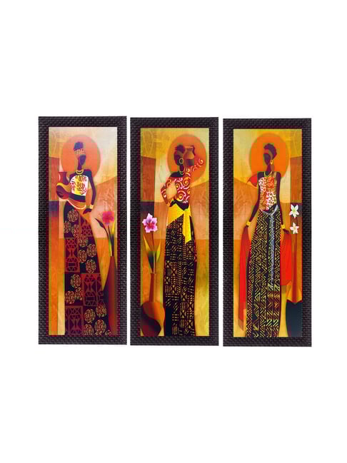 eCraftIndia Set Of 3 Tribal Village Ladies Satin Matt Texture UV Art Painting-picture-36