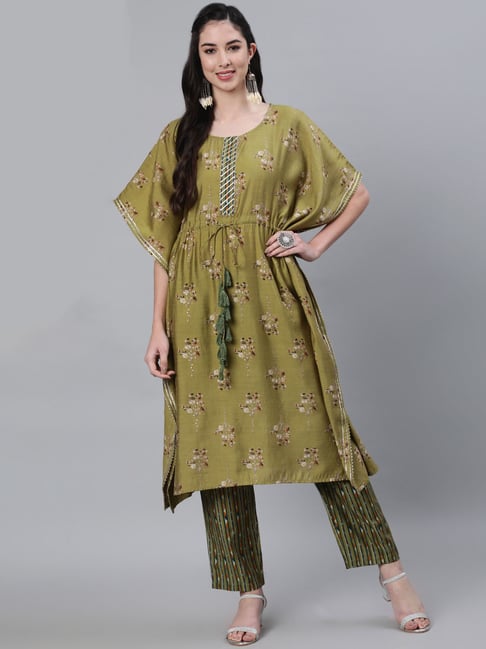 Buy AMIRAS Cotton Printed with Embroidery Straight Kurti & Afghani Pants  Mustrad (Set of 2) online