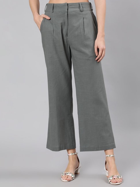 PullBear high waisted linen trousers in grey  ASOS