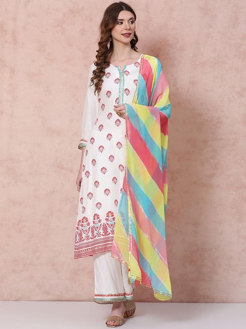 Rangriti White Printed Kurta Palazzo Set With Dupatta