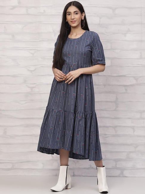 Rangriti Blue Cotton Printed A-Line Dress Price in India