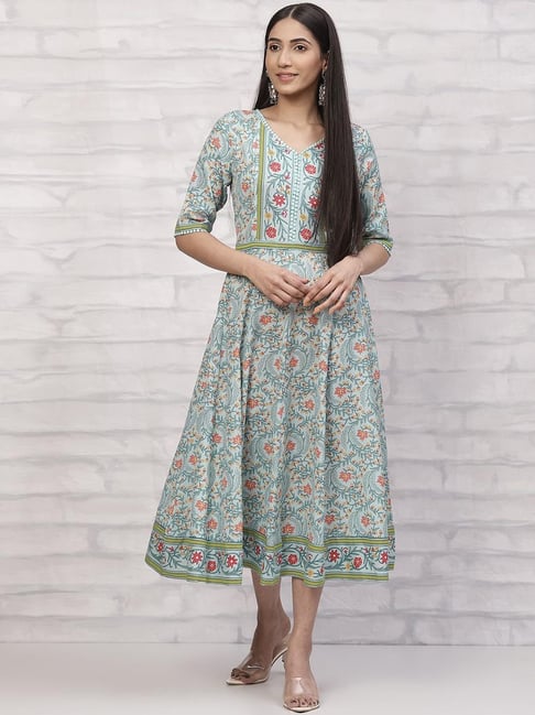 Rangriti Blue Printed A-Line Dress Price in India