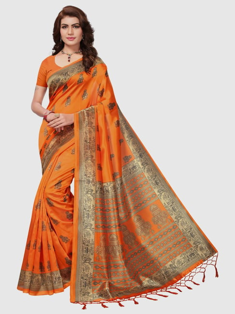 KSUT Orange Silk Printed Saree With Unstitched Blouse Price in India