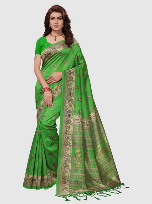 KSUT Green Silk Printed Saree With Unstitched Blouse Price in India