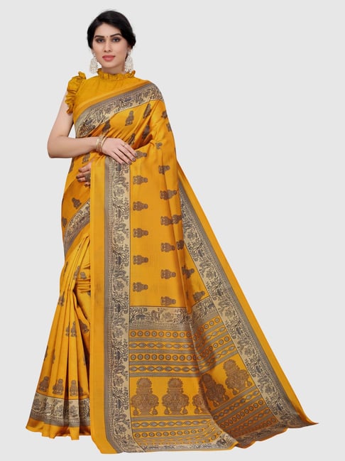 KSUT Yellow Silk Printed Saree With Unstitched Blouse Price in India