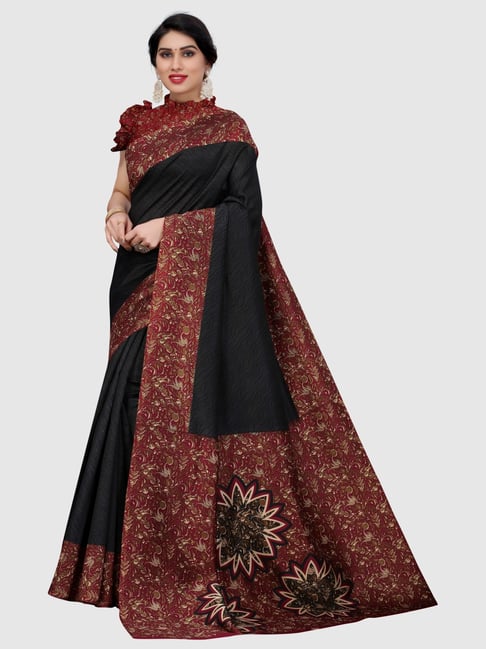 KSUT Black & Maroon Silk Printed Saree With Unstitched Blouse Price in India