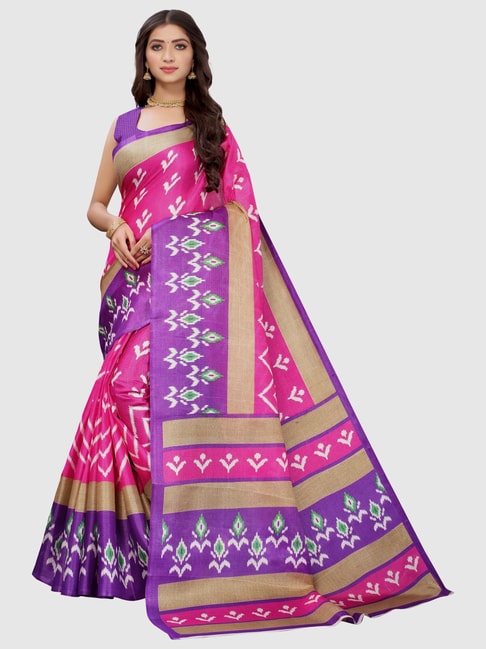 KSUT Pink & Purple Printed Saree With Unstitched Blouse Price in India