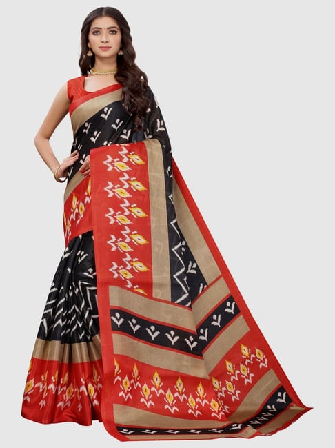 KSUT Black & Red Printed Saree With Unstitched Blouse Price in India