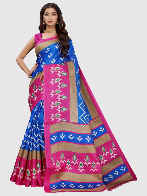KSUT Blue & Pink Printed Saree With Unstitched Blouse Price in India