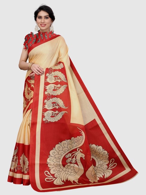 KSUT Beige & Red Printed Saree With Unstitched Blouse Price in India