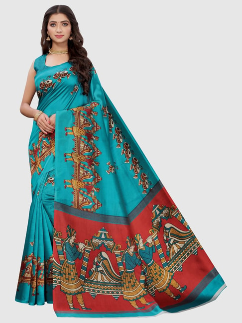 KSUT Sky Blue Printed Saree With Unstitched Blouse Price in India