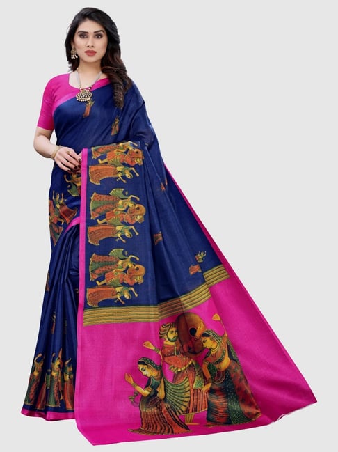 KSUT Navy Printed Saree With Unstitched Blouse Price in India