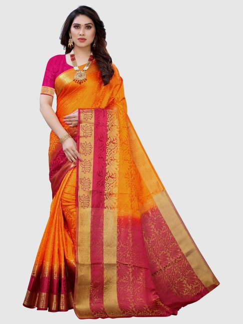 KSUT Orange Printed Saree With Unstitched Blouse Price in India