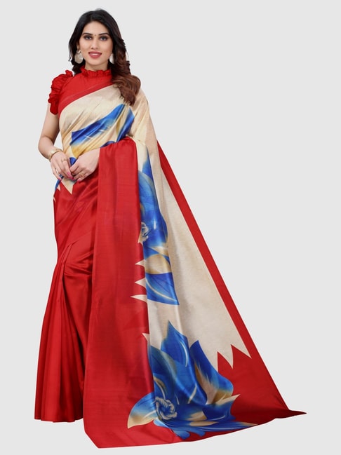 KSUT Red & Beige Printed Saree With Unstitched Blouse Price in India