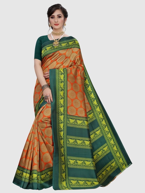 KSUT Orange & Beige Printed Saree With Unstitched Blouse Price in India