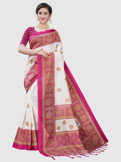 KSUT White & Pink Woven Saree With Unstitched Blouse Price in India