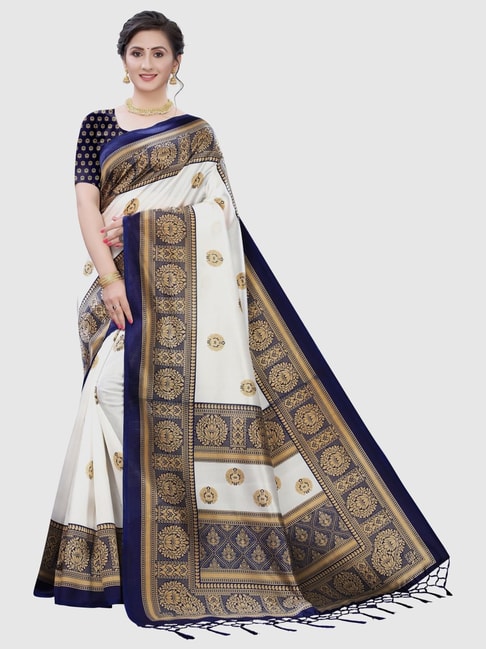 KSUT White & Navy Woven Saree With Unstitched Blouse Price in India