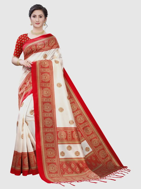 KSUT White & Red Woven Saree With Unstitched Blouse Price in India