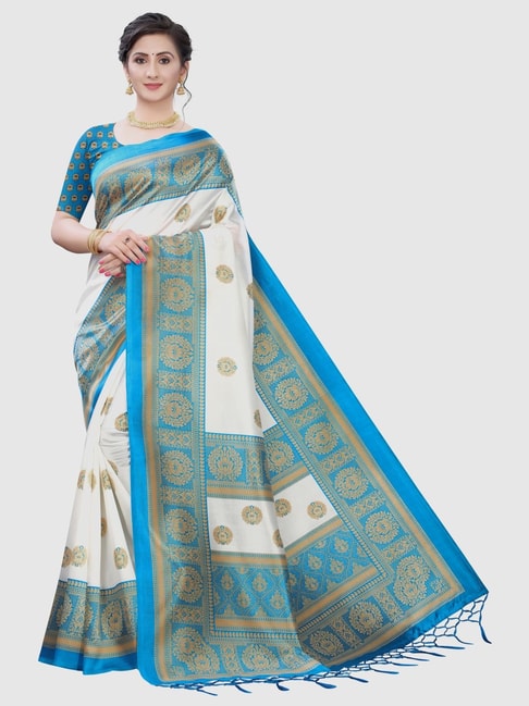 KSUT White & Sky Blue Woven Saree With Unstitched Blouse Price in India
