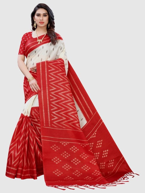 KSUT White & Red Printed Saree With Unstitched Blouse Price in India