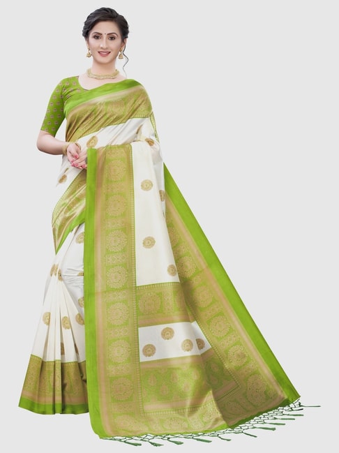 KSUT White & Green Woven Saree With Unstitched Blouse Price in India
