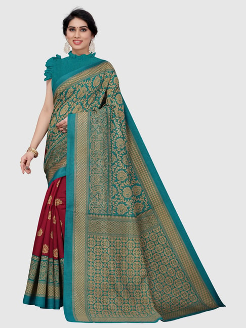 KSUT Maroon & Sky Blue Woven Saree With Unstitched Blouse Price in India