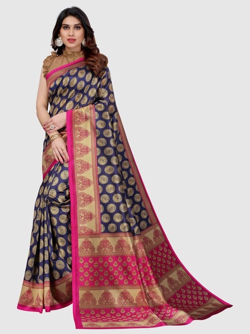 KSUT Navy Printed Saree With Unstitched Blouse Price in India